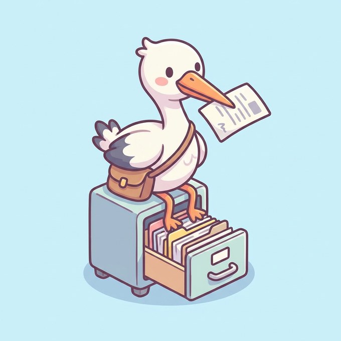 A stork with a satchel, perched on a filing cabinet, holding a chart